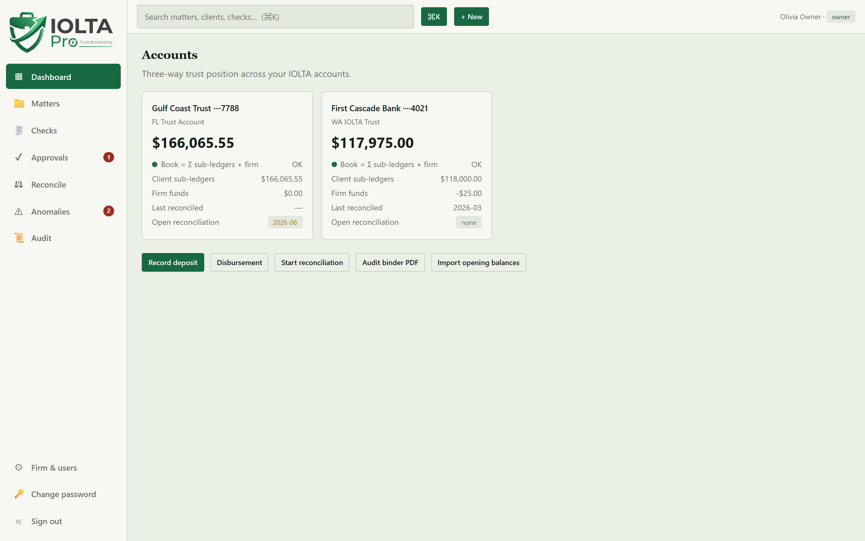 IOLTA Pro dashboard showing the three-way trust position across accounts